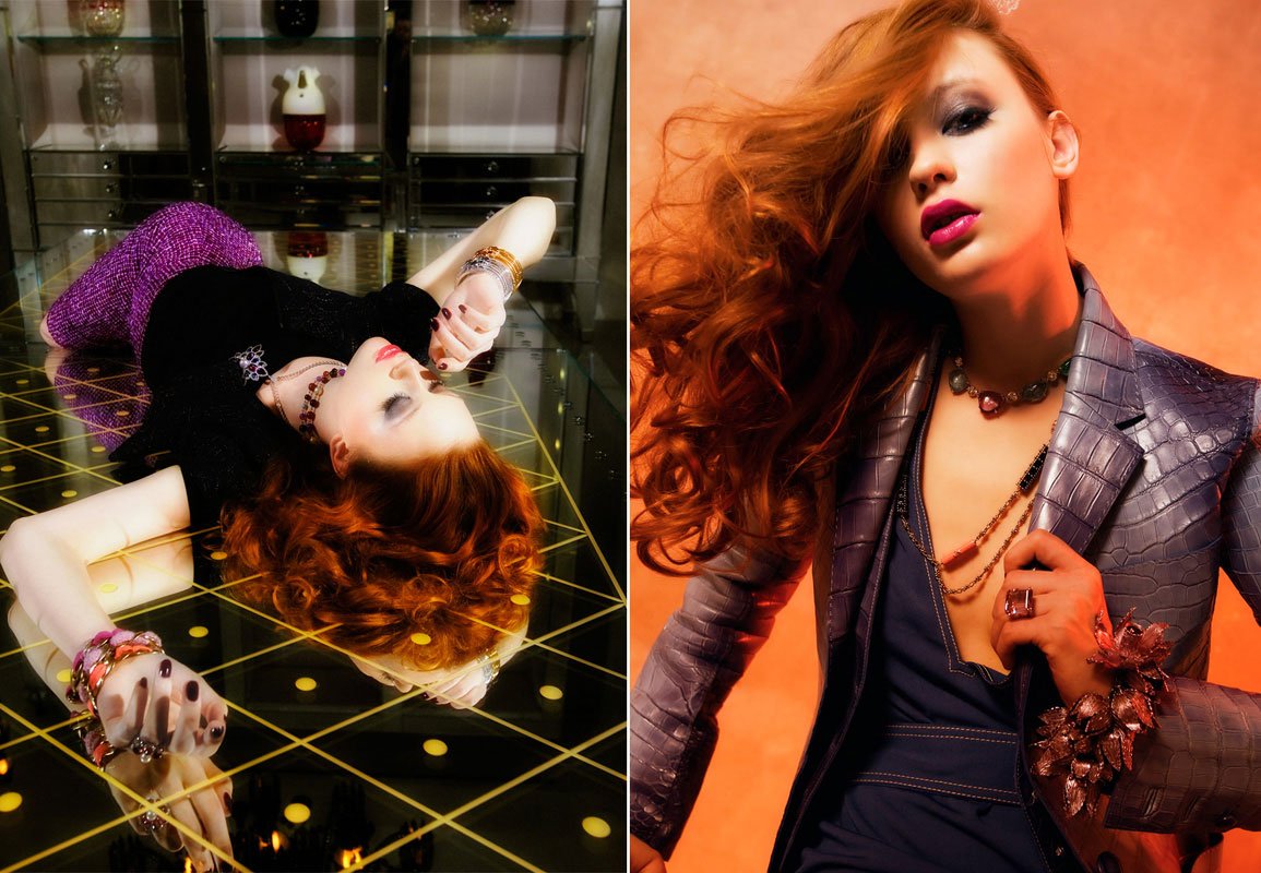 Fashion campaign diptych, mirrored floor and leather jacket